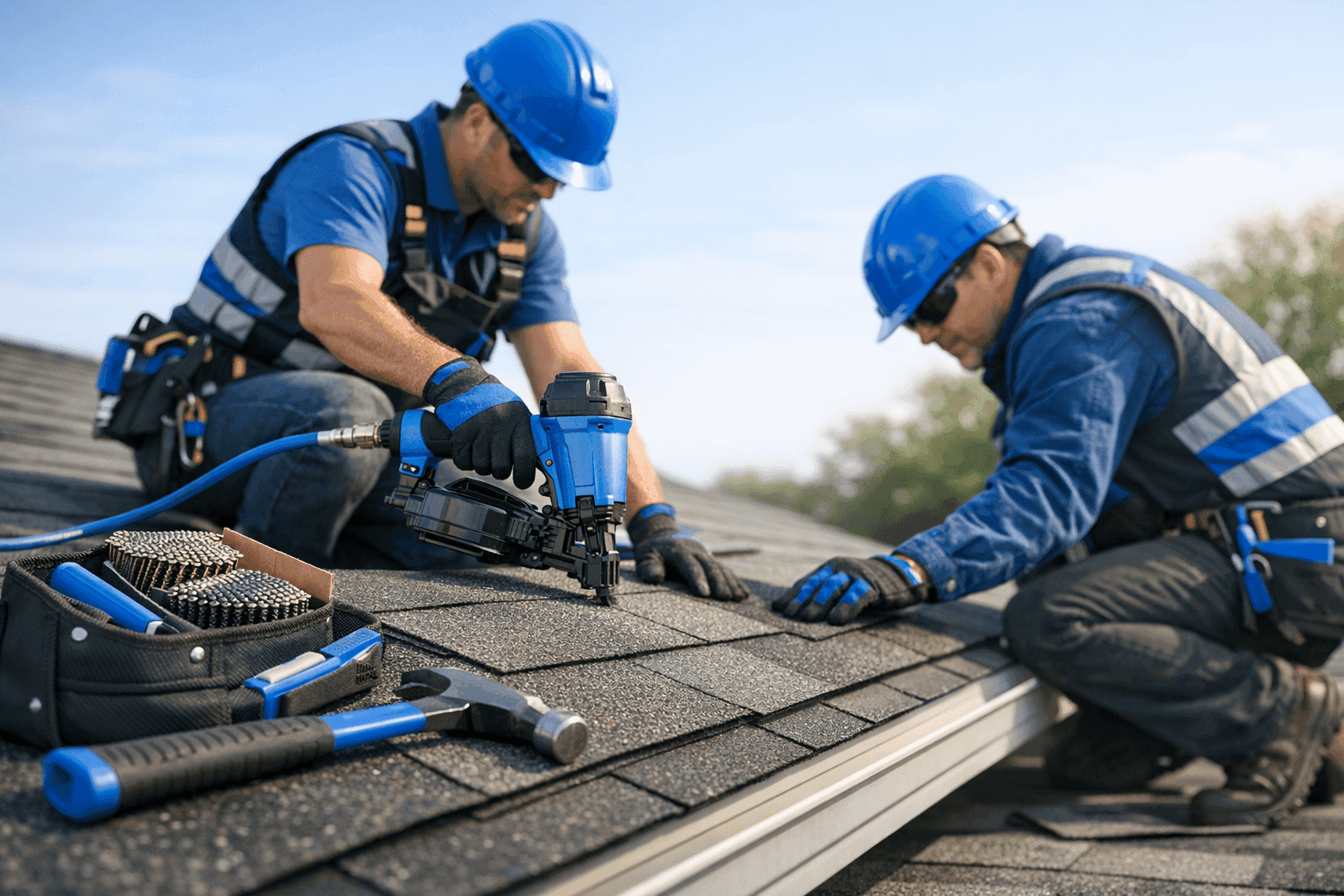Two OSHA-compliant roofing workers on a clean rooftop using tools under natural daylight