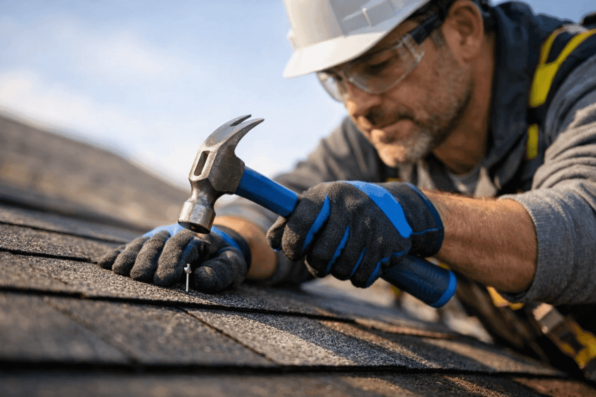 Close-up of roofer’s gloved hands fastening a shingle on a clean roof with safety gear