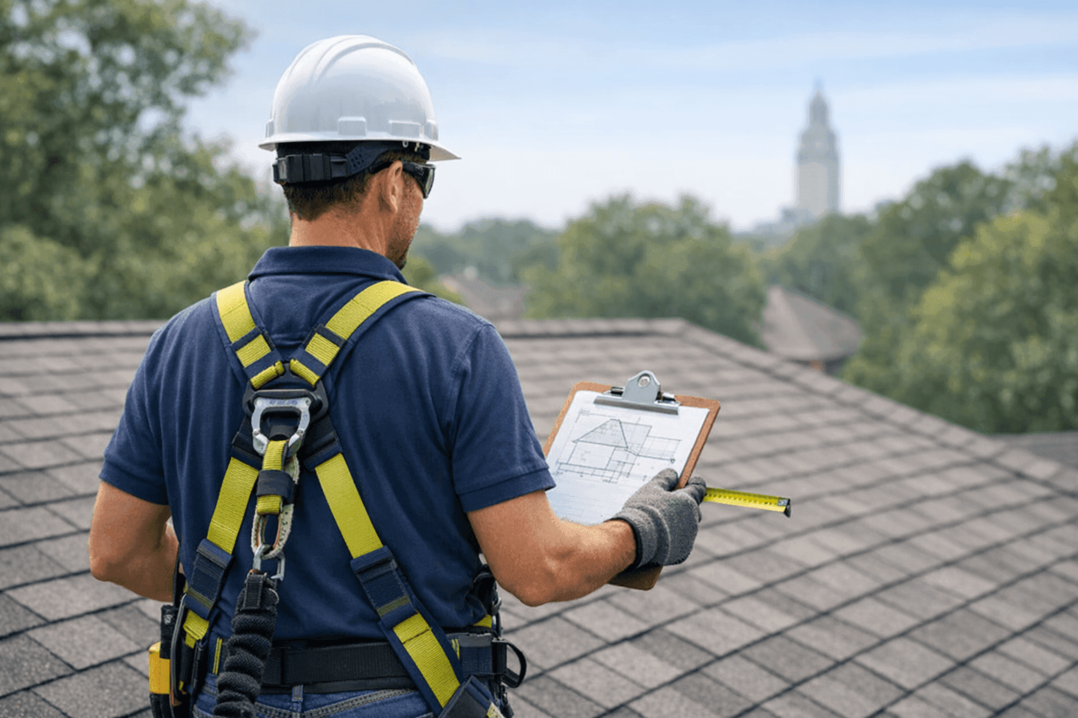 Roofer assessing Baton Rouge home for roof replacement with measuring tape and plans