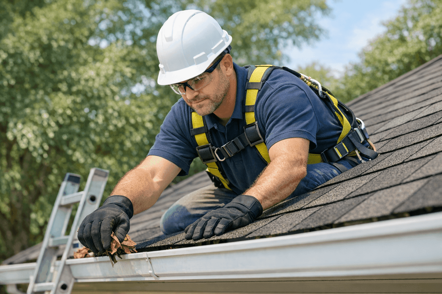 Roofer in PPE cleaning gutters and inspecting Baton Rouge home roof
