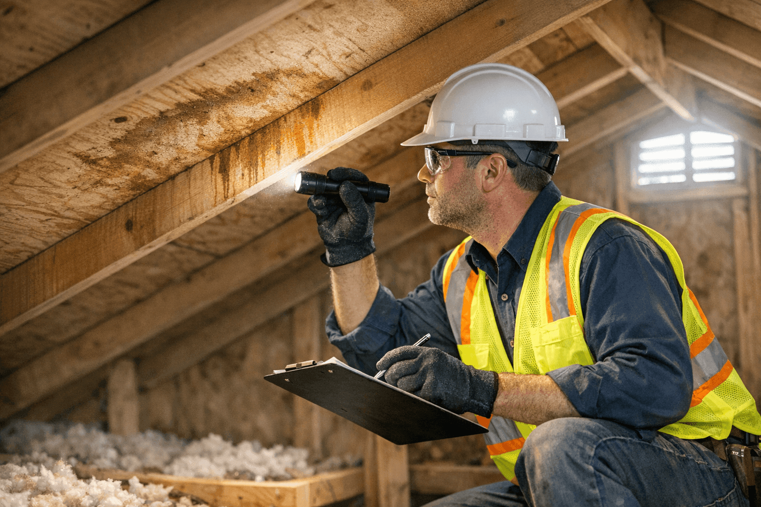 Professional roofer inspecting attic for water damage in Baton Rouge home